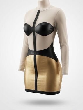 Sheer Nude & Black Panel Bodycon Dress with Gold Skirt